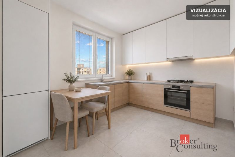 A kitchen in a 3-room apartment with wooden decor, light furniture, and a large window.