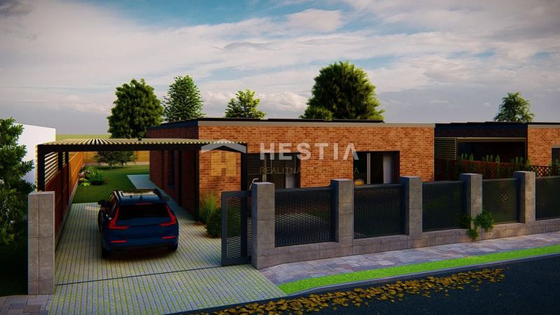 A family house in Hlboké, brick facade, car parked under a pergola, green trees.