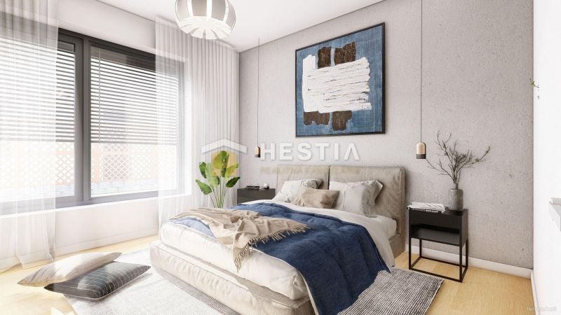 A bright bedroom with a large window, a painting, and a bed, a family house, floor with wooden decor.