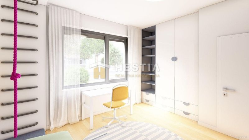 A room in a family house with a wooden decor floor, a table, and a chair.