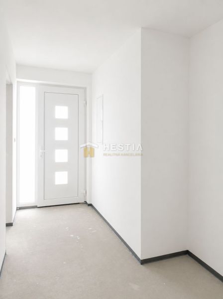 A hallway in a family house with white walls and glass entrance doors.