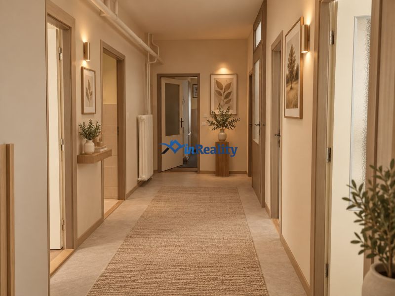 Interior of a family house with a light carpet and plant decorations near the lights.