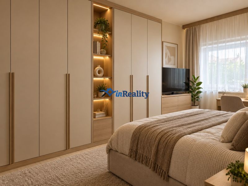 A bedroom in a family house with a large wardrobe and a floor with a wooden decor.