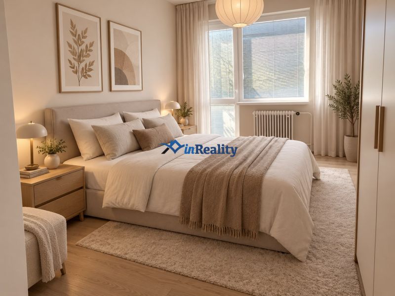 A bedroom in a family house with a wooden floor decor, light curtains, and paintings.