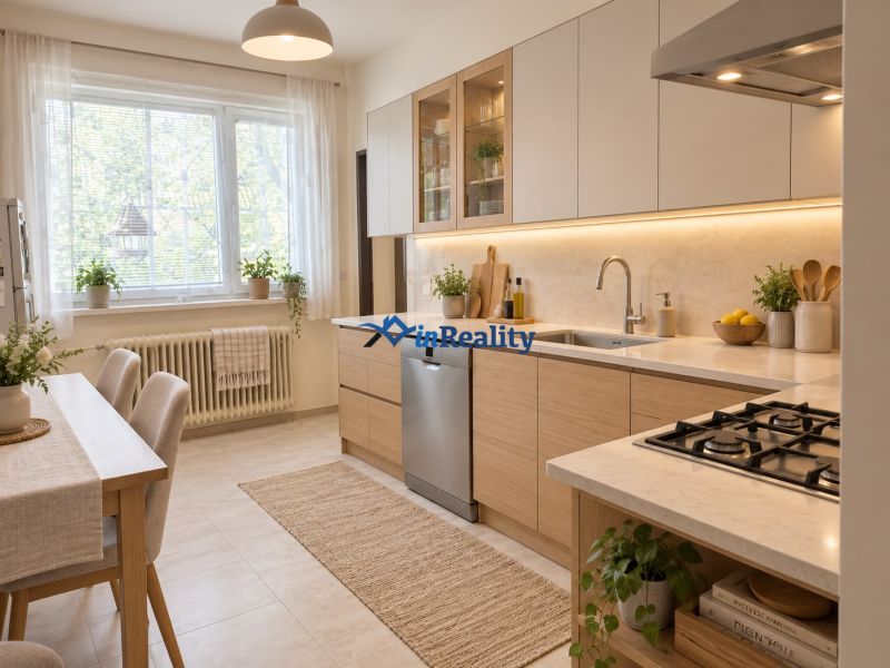 A kitchen in a family house with a dining table and a wooden decor floor.