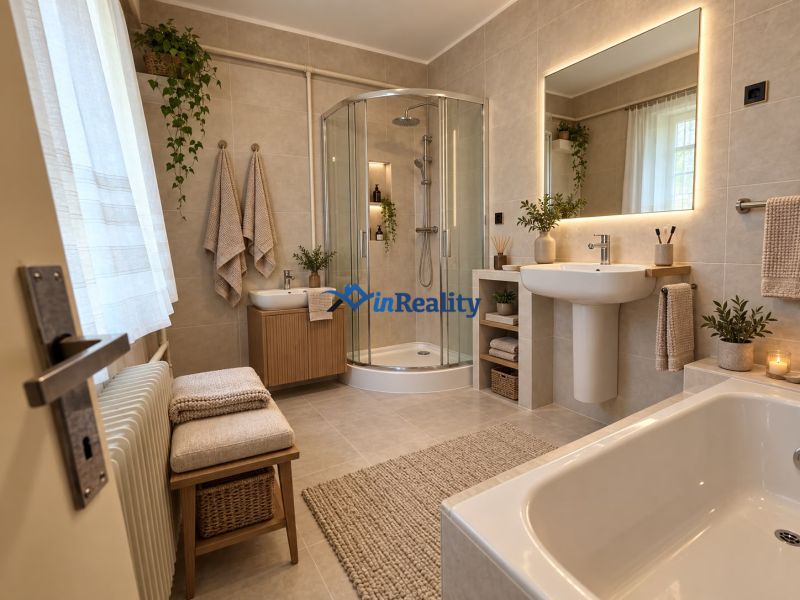 A bathroom in a family house with a modern shower and fresh greenery.