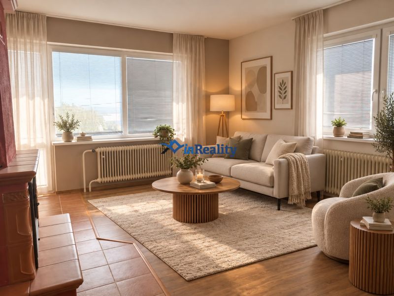 Living room with furniture and wooden decor flooring in a family house, cozy atmosphere.