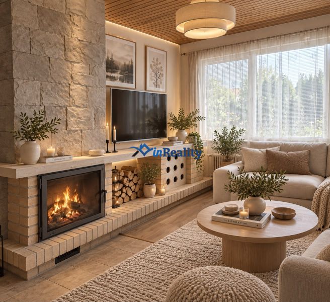 Living room in a family house with a fireplace, cozy couch, and wood-burning stove.
