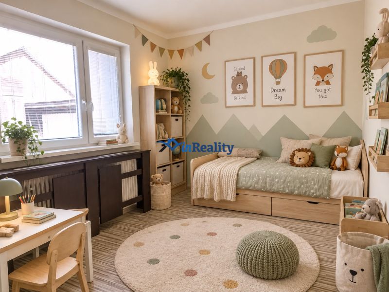 Children's room in a family house with decorations and a bed, floor with wooden decor.