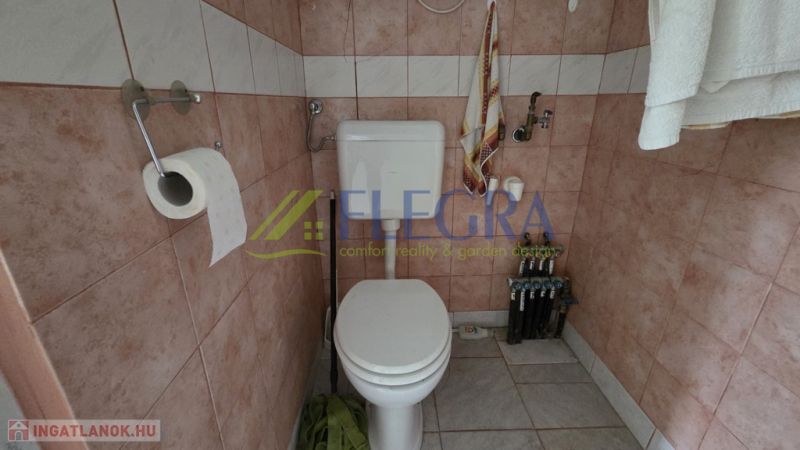 A bathroom with pink-gray tiles and toilet paper in a family house.