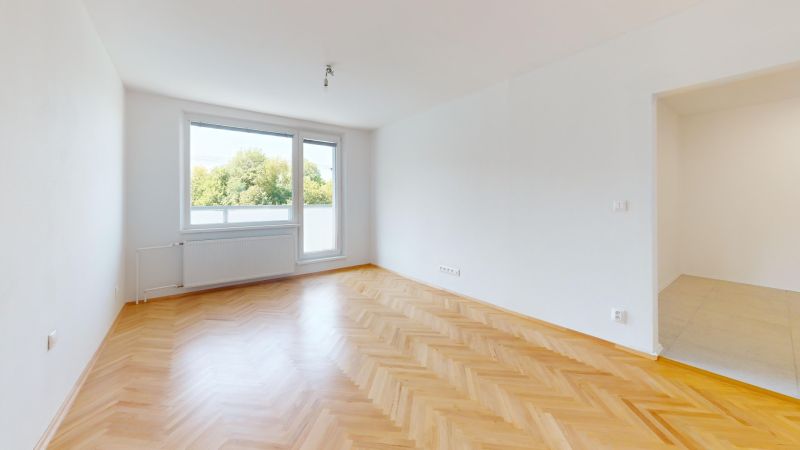 A bright room with wood-decor flooring in a three-room apartment.