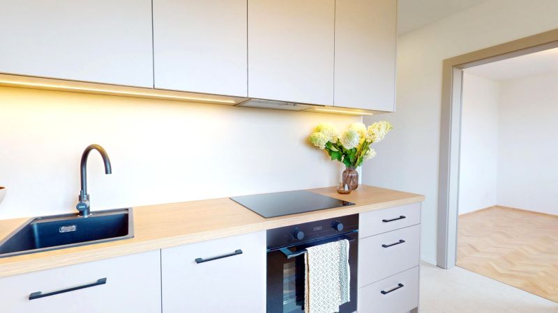 A kitchen in a 3-room apartment with a cooktop, a black sink, and flowers on the counter.