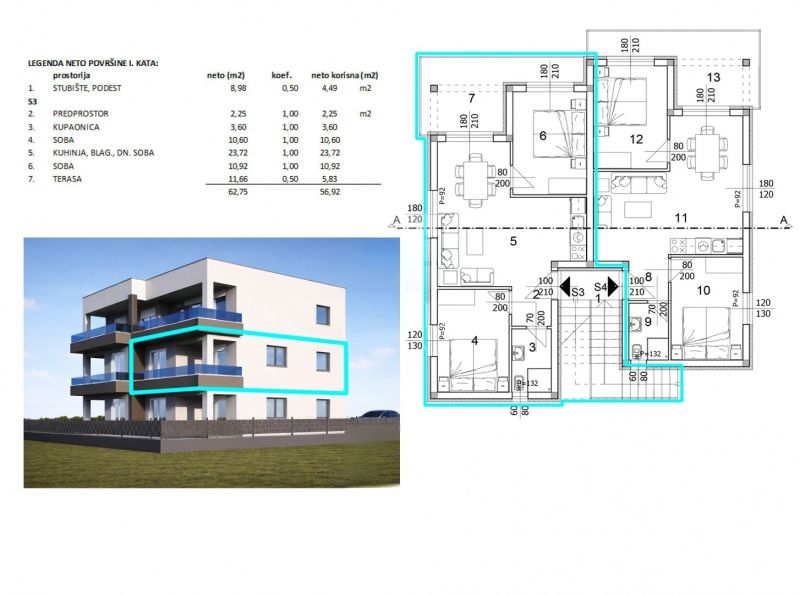 Floor plan and visualization of a 3-bedroom apartment in the city of Privlaka with a terrace and parking.