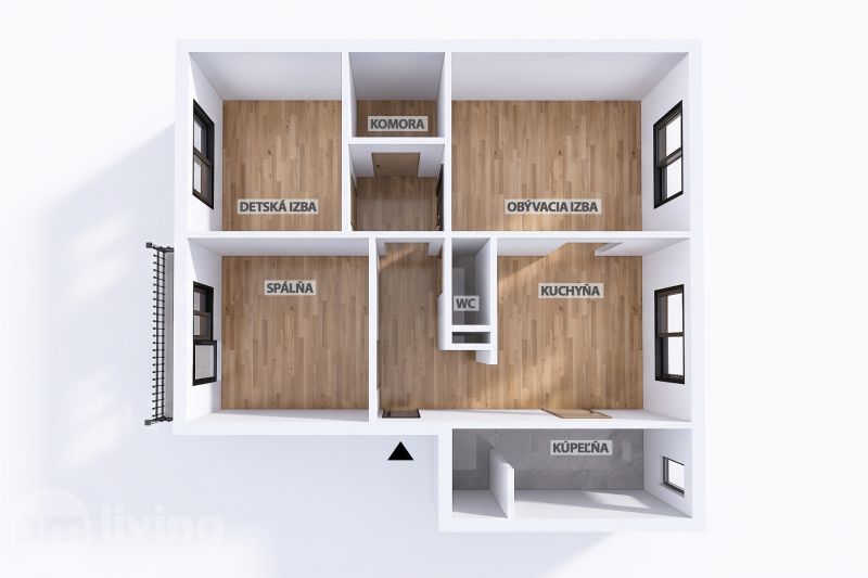 Floor plan of a 3-room apartment with wood decor flooring, showing the rooms: bedroom, children's room, living room, bathroom, and kitchen.