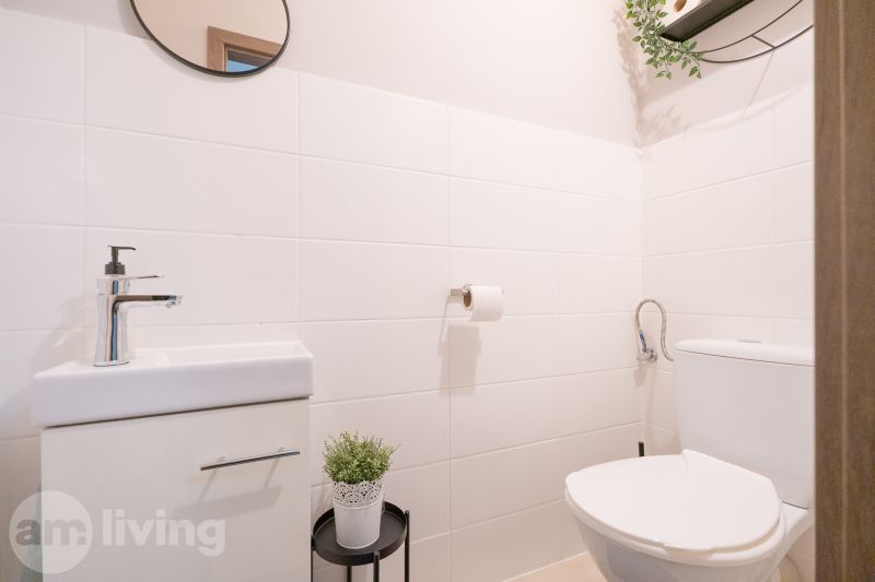 Bathroom in a 3-room apartment with a sink, mirror, and decorative greenery.