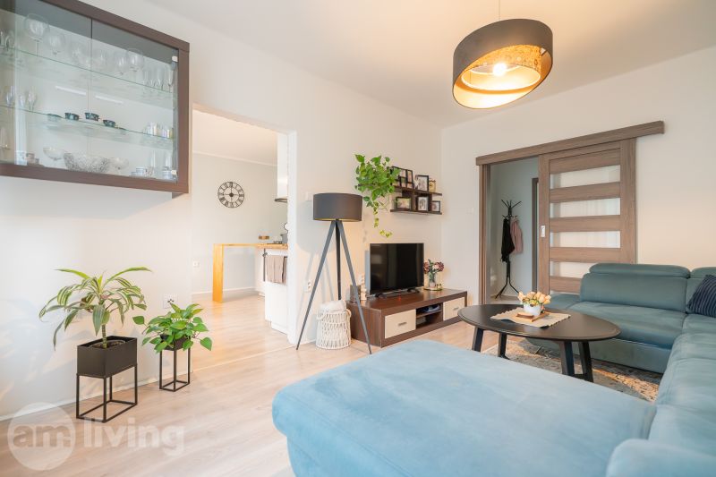 Living room with a sofa, TV, lamp, and wooden decor flooring in a 3-room apartment.