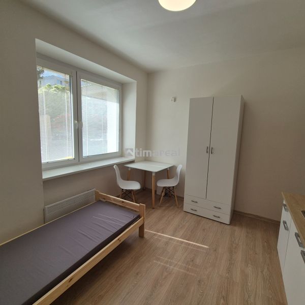 Studio apartment with a table, chairs, bed, and floor with wood decor.