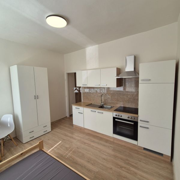 Kitchen unit in a studio apartment with a wooden decor floor.