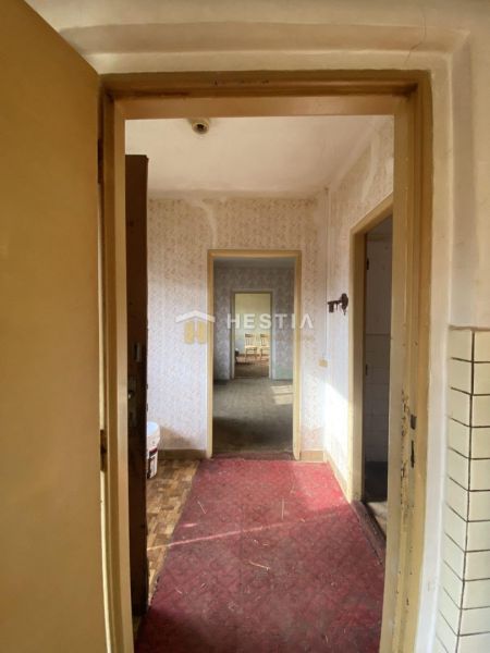 Hallway in a family house with an older carpet and a view of other rooms.