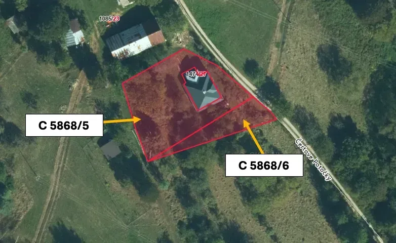 Aerial view of plots C 5868/5 and C 5868/6 in Záhrady near Kokava nad Rimavicou.