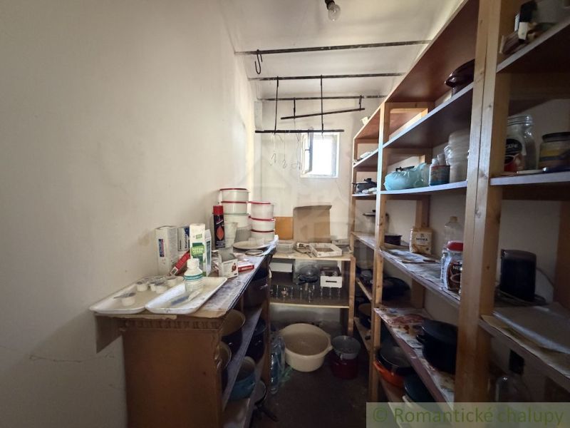 Storage space in a family house with supplies, shelves, and kitchen necessities.