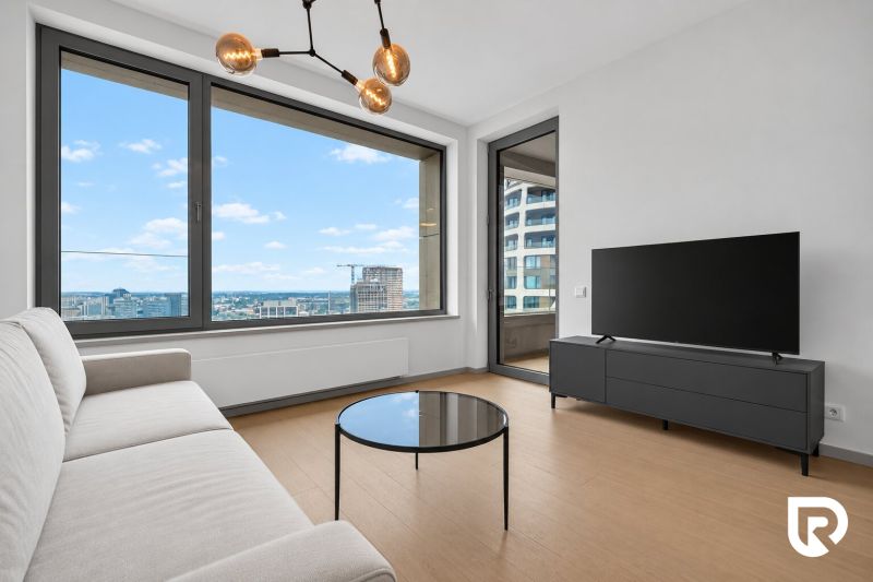 Living room in a two-room apartment with a sofa, television, and a view from a large window.