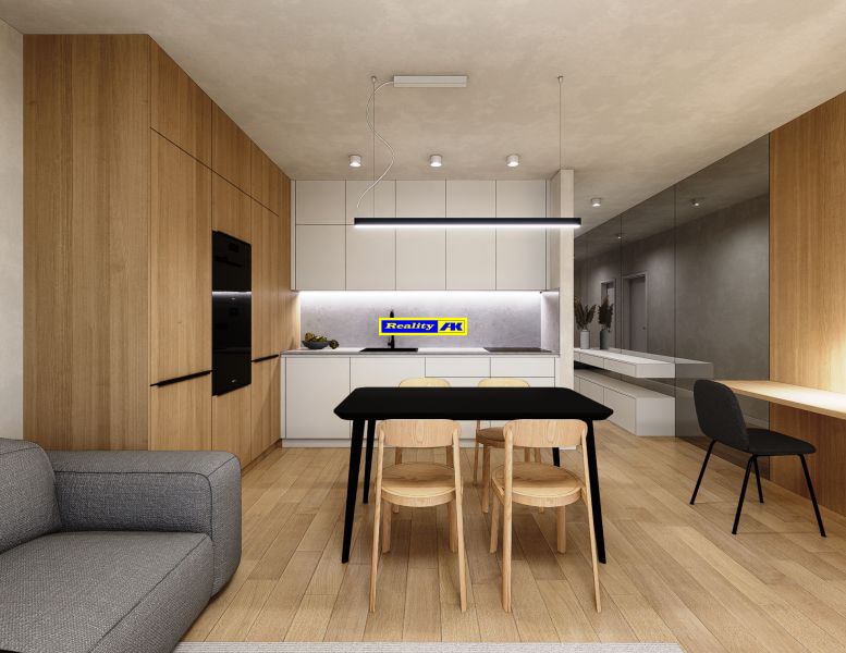 Kitchen and dining area in a 2-room apartment with a wooden decor floor.