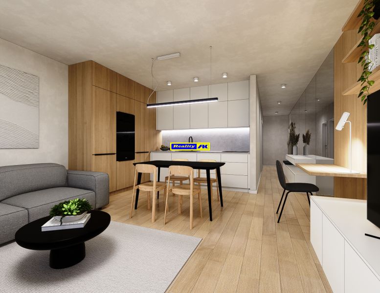 Living area in a studio apartment with a sofa, dining table, and kitchen.