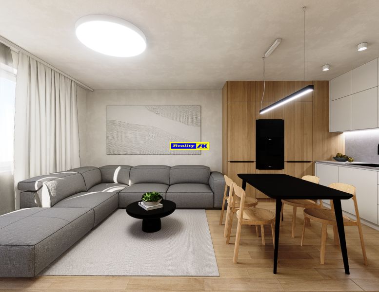 Living room in a two-room apartment with a comfortable sofa and a dining table.