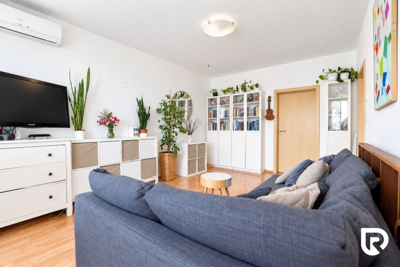 Living room in a 3-room apartment with a sofa, television, and plants, floor with wooden decor.