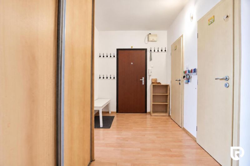 A hallway with an entrance door, a wardrobe, and a floor with a wooden decor in a 3-room apartment.