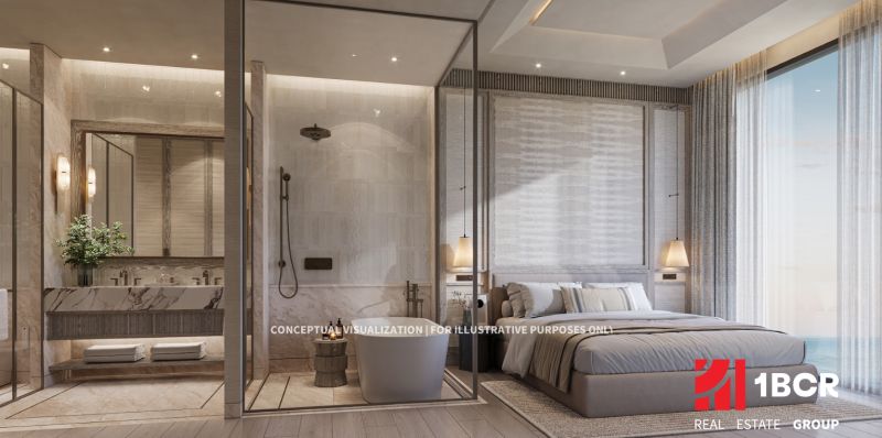 Luxury bathroom and bedroom in a 3-room apartment with wood-patterned flooring.