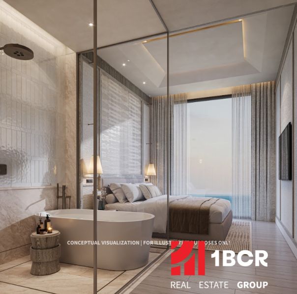 A bedroom with a glass wall, a bathtub, and a wooden decor floor in a 3-room apartment.
