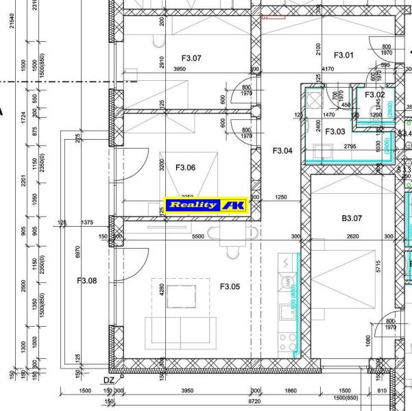 Floor plan of a 3-room apartment with clearly marked rooms and dimensions of each section.