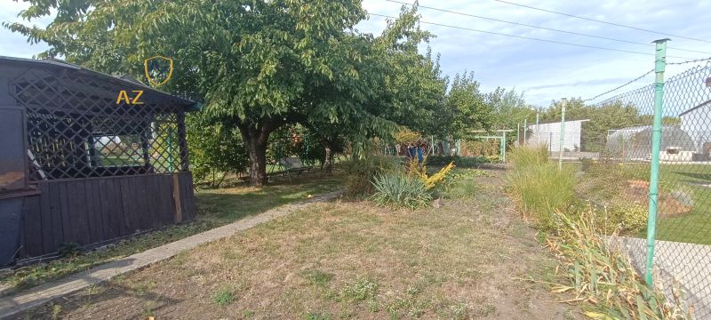 A garden in Nesvady with large trees, a hedge, and a wooden gazebo.