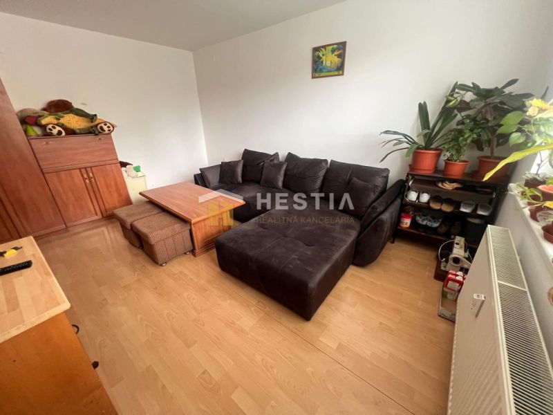 Living room in a three-room apartment with a sofa, coffee table, and wooden decor flooring.