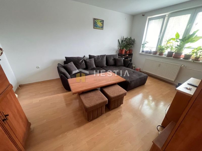 Living room in a 3-room apartment with a sofa, wood-patterned flooring, and flowers.