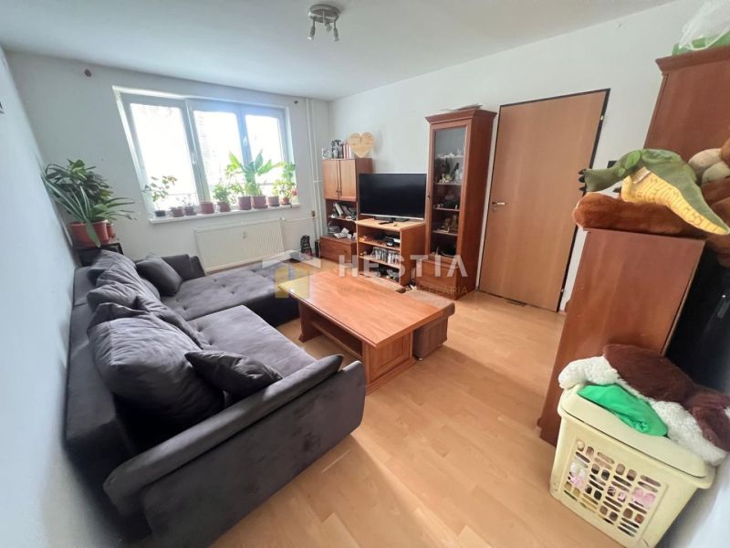 Living room in a 3-room apartment with a comfortable sofa and wooden decor flooring.