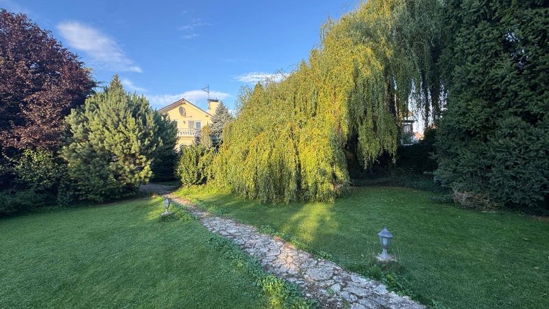 A garden with a path and a family house in Trenčianske Stankovce, surrounded by trees.