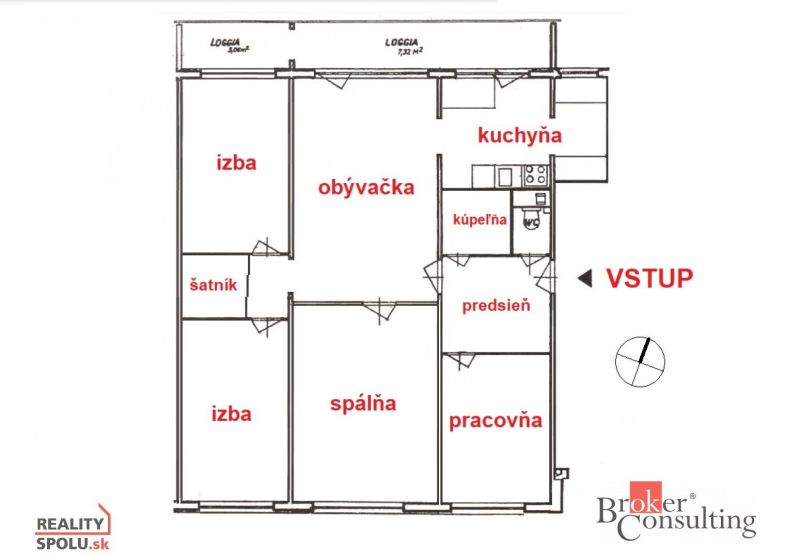 Floor plan of a 5 or more room apartment with a loggia, kitchen, walk-in closet, and bathroom.