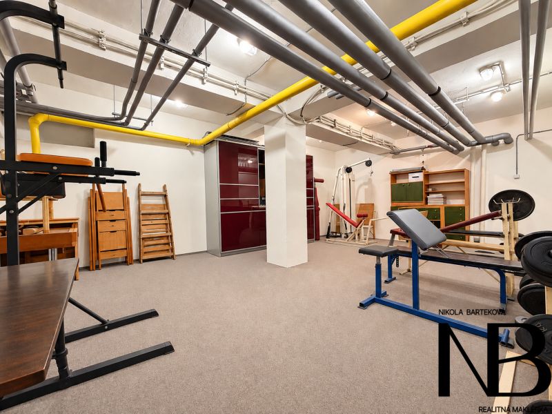 A gym inside a 3-room apartment with training equipment and storage space.