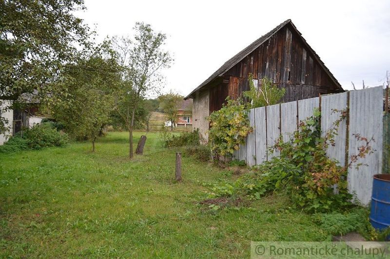 A garden at a family house in Nemcovce with a wooden barn and green lawn.