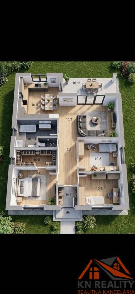 Floor plan of a family house with three bedrooms, a kitchen, a living room, and a terrace.