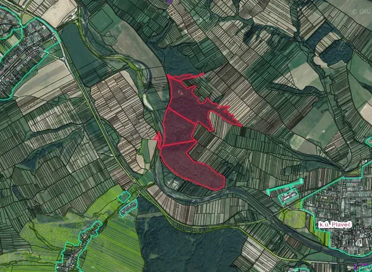 Aerial view of agricultural and forest land near Plaveč with visible marked areas.