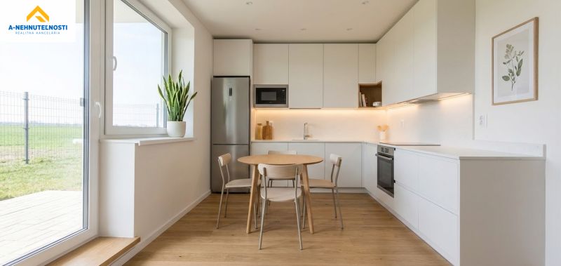 A kitchen with a dining table, light furniture, and a floor with a wood decor in a 3-room apartment.