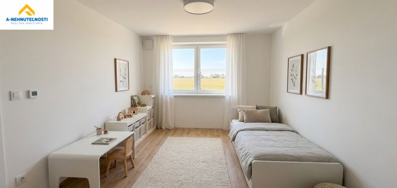 Children's room with a bed, table, and floor with a wooden decor.