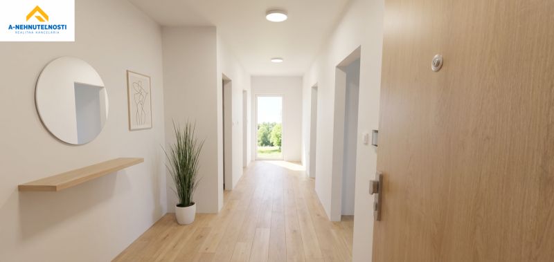 A hallway in a 3-room apartment with a wood-patterned floor, a mirror, and a plant.