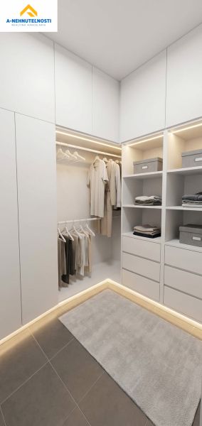 Built-in wardrobe with storage shelves and a light carpet in a 3-room apartment.
