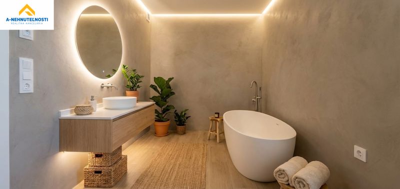 A bathroom in a 3-room apartment with a bathtub, plants, and a floor with a wooden decor.