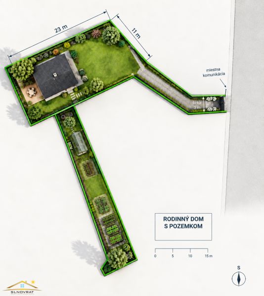 Floor plan of a family house with a garden and courtyards in Staškov. Plot designated for residential use.